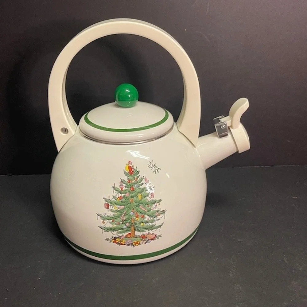 Vtg Spode Christmas Tree 2.5 Qt Enamel Whistling Tea Kettle Pristine Unused